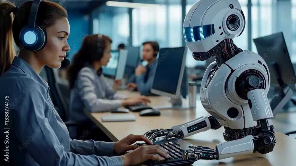 Poster in a dynamic techsavvy workspace, a professional woman engages in collaboration with an advanced rob