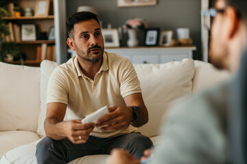 Worried man talking with psychologist on therapy session at home