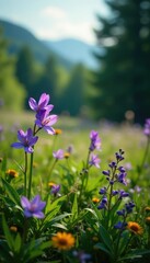 Fototapeta premium Gentians in a meadow with wildflowers and trees, wildflowers, flora