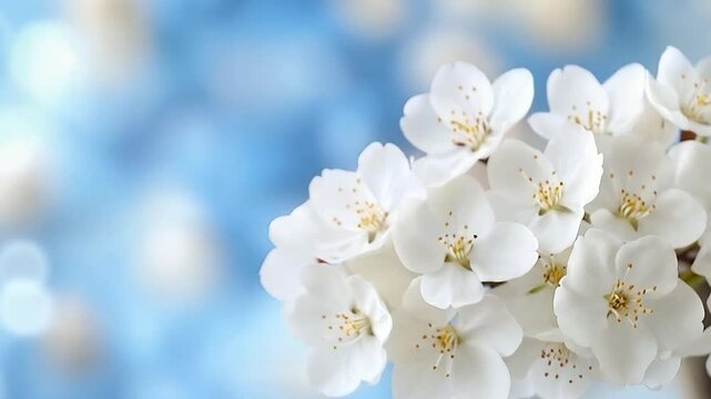 Delicate White Flowers with Blurred Blue Background.