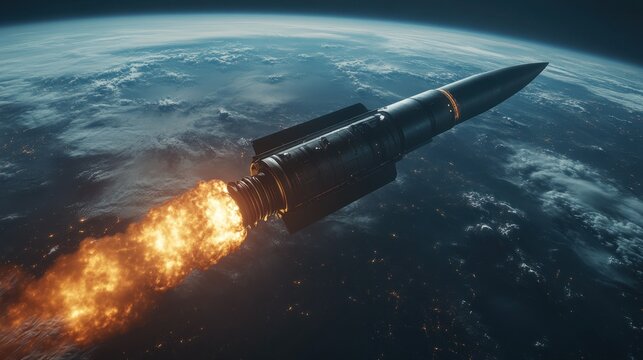 Missile launch from Earth into space, fiery exhaust trail
