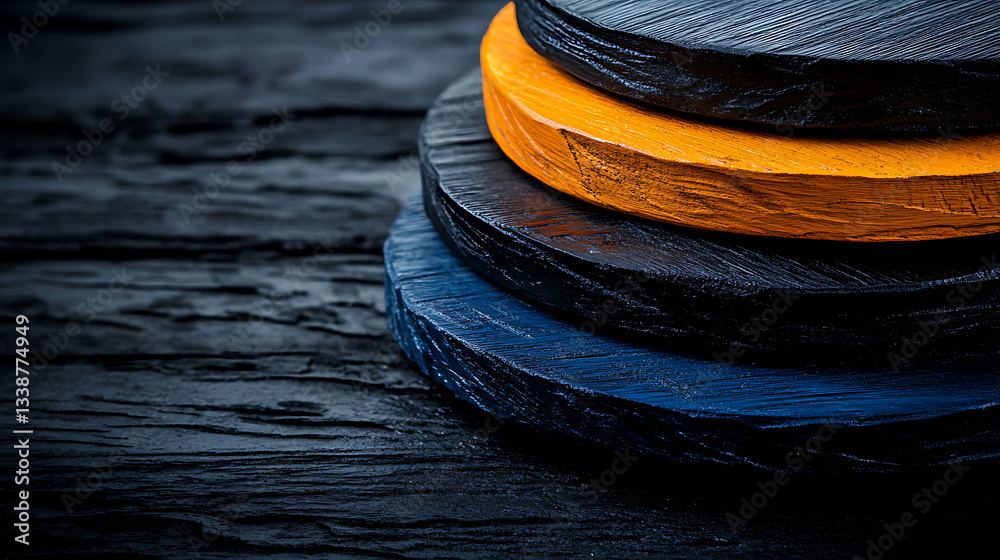 Poster a close-up view of stacked textured circular boards in vibrant colors against a dark wooden backgrou