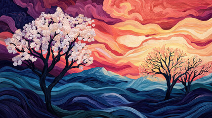 vibrant landscape featuring abstract trees with blossoms against colorful sunset sky, evoking sense of tranquility and beauty
