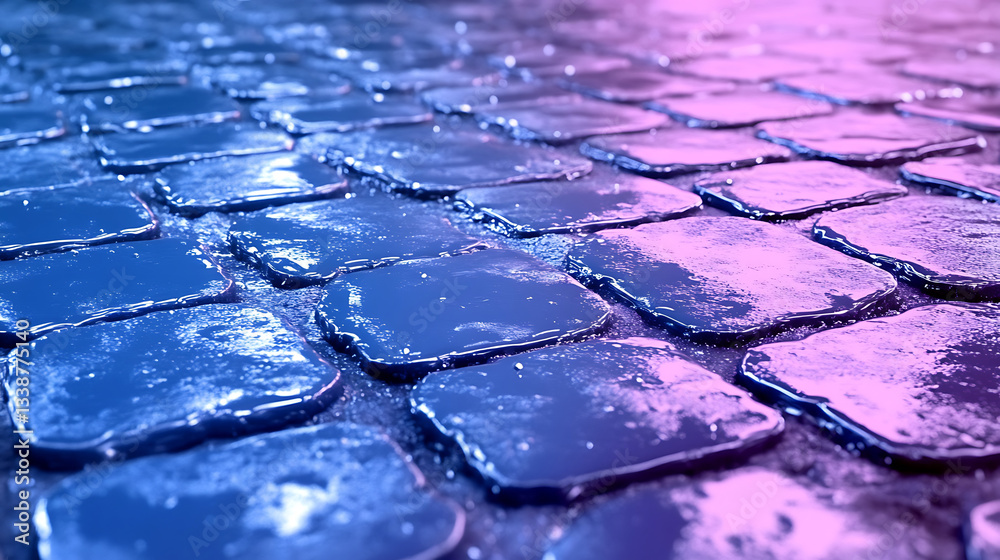 Poster A close-up view of wet cobblestones reflecting a colorful light, creating a serene and artistic atmosphere