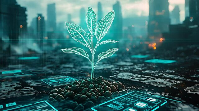 Futuristic plant growing in a digital world with glowing circuits and urban background.

