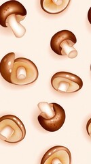 A delightful pattern featu whole and halved rustic shiitake mushrooms on a creamy beige background perfect for culinary websites, food blogs, or autumn-themed designs.