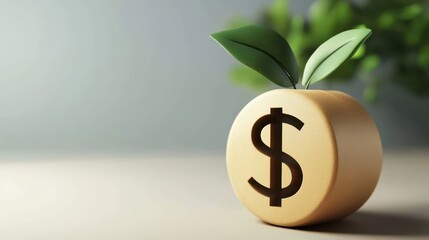 A decorative representation of financial prosperity shows a round object with a dollar sign, topped by green leaves. The soft lighting enhances the concept of growth and wealth
