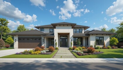 contemporary home with sky and garden, contemporary home exterior design