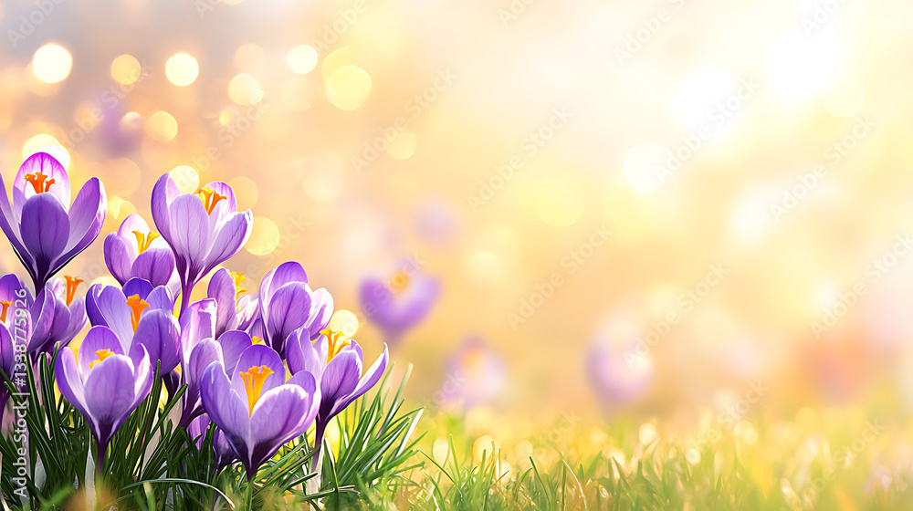 Poster a cluster of vibrant purple crocuses blooms in a sunny field, creating a serene and colorful spring 