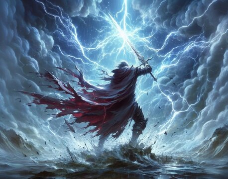 A dynamic illustration showcasing a warrior standing amidst a storm, wielding a glowing sword as lightning fills the sky. The scene embodies power, determination, and a heroic battle against nature's 