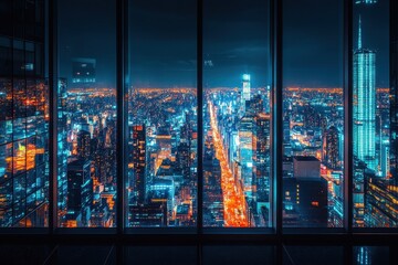Stunning Nighttime Cityscape View from Skyscraper Window Overlooking Vibrant Urban Lights and Skyline
