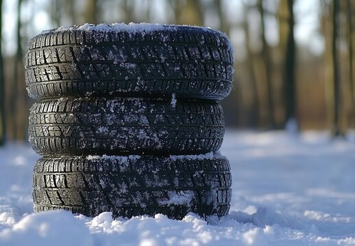 Three stacked winter tires covered in snow, set against a serene forest backdrop, capturing the essence of winter. Copy space, commercial use