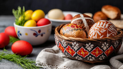 Colorful Easter eggs in decorative basket, surrounded by fresh herbs and additional eggs, create festive atmosphere