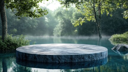Fototapeta premium Serene lake platform for product display with misty forest backdrop capturing natural beauty and tranquil atmosphere ideal for nature themed advertising