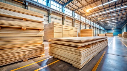 Obraz premium Stacked Plywood Boards in Factory Warehouse - Industrial Wood Material Storage