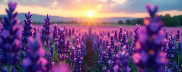 Naklejka premium Gentle rain falls on the lavender fields at dawn, morning, water droplets