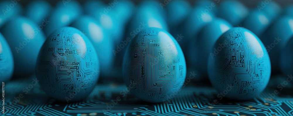 Poster digital blue eggs with circuit patterns on tech inspired background create unique blend of nature an