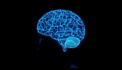 Digital illustration of a glowing blue brain with circuitry design.