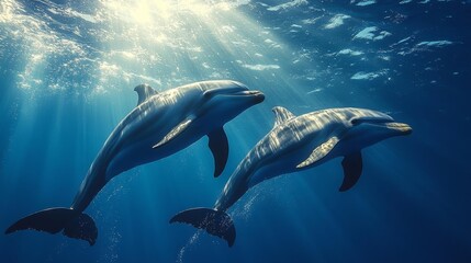 Obraz premium Underwater Dolphins Gliding Through Sunbeams in the Ocean. Generative AI