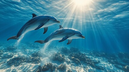 Naklejka premium Two Dolphins Swimming Gracefully in Clear Ocean Waters with Sunlight Streaming Through the Water. Generative AI