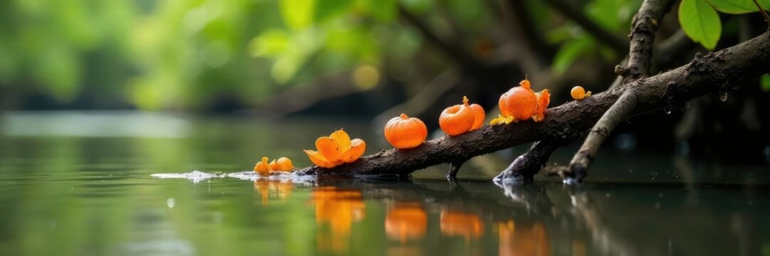 Mangrove propagules on a partially submerged branch, nature, mangrove, brown