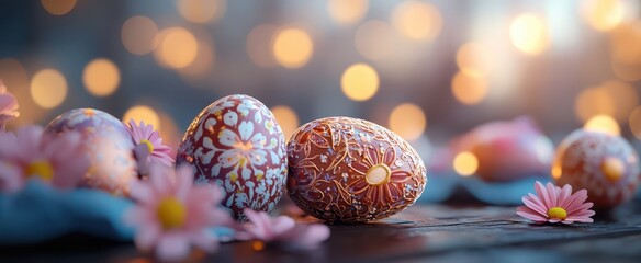 Colorfully decorated Easter eggs are arranged on a wooden surface with pink flowers surrounding them. Warm lights create a festive ambiance, highlighting the beauty of spring