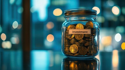 A glass jar is filled with shiny coins, clearly labeled as investment, reflecting city lights at night. The urban background suggests a financial theme, emphasizing wealth accumulation