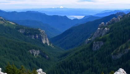 Obraz premium Majestic Mountain Panorama: A Breathtaking View of Cascading Peaks and Verdant Forests