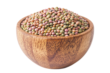 Colorful assorted legumes in a wooden bowl on white backdrop