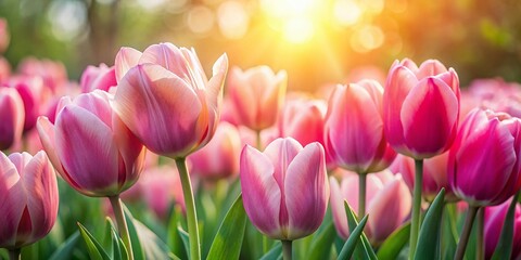 Fototapeta premium Spring Sunlight Pink Tulip Flowers, Blooming Floral Meadow, Bright Pastel Colors