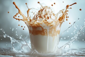 Creamy beverage with caramel sauce splashes dramatically in water at a bright studio setting