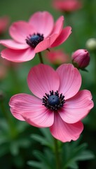 Maroon and pink anemones in a soft, pastel color palette, pink ranunculus, nature, garden