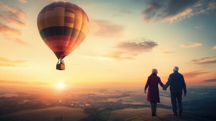 A couple is walking on a hillside with a hot air balloon in the sky