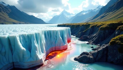 Melting glacier exposes hidden layers of sediment and compressed air, landscape, geology, minerals