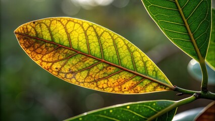 Mangrove sustainability, mangrove leaf transitioning from green to sickly yellow, its veins darkened and edges curling deadly impact of polluted water air on plant life. Protect coastal foreshores.
