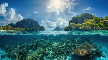 Fototapeta premium Coral reef exploration in a tropical paradise at midday