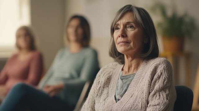 Older woman reflects during a group discussion in a cozy room