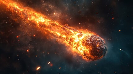 Obraz premium Fiery comet hurtling through the vast expanse of space with a trail of blazing fire and cosmic dust creating a dramatic and awe inspiring celestial spectacle