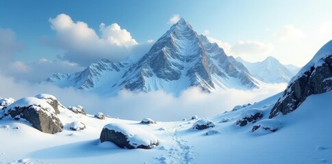 Rocky mountain covered in a blanket of snow and icy clouds, atmospheric, natural, frozen
