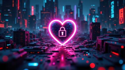 Cybersecurity graphic with heart-shaped lock symbolizing secure data in neon cityscape.