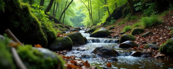 Fototapeta premium Rocky terrain with stream flowing through dense undergrowth, leaves, forest floor, rugged landscape