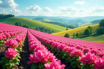 Fototapeta premium Rolling hills of pink flowers in a potato field, agriculture, hills