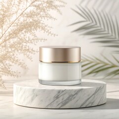 Elegant blank Cream Jar on Marble Pedestal, Perfect for Skincare Product Presentation