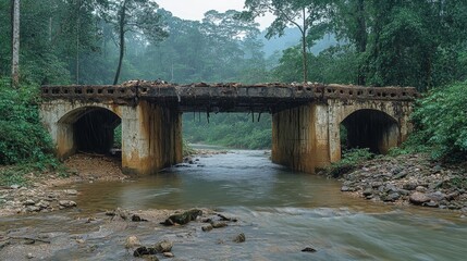 Dilapidated bridge over a river with damaged and crumbling structures in a lush green forest environment. Generative AI