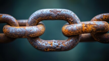 A close-up shot reveals a rusted metal chain link, highlighting its worn surface and texture. The image captures the essence of age and industrial strength, set against a blurred background