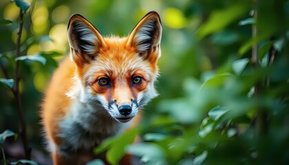 Fototapeta premium Fox in Lush Green Foliage Portrait of a Red Fox with Bright Eyes