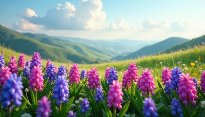 Obraz premium Soft petals of hyacinth flowers in a serene landscape with rolling hills and gentle clouds, peace, greenery, spring