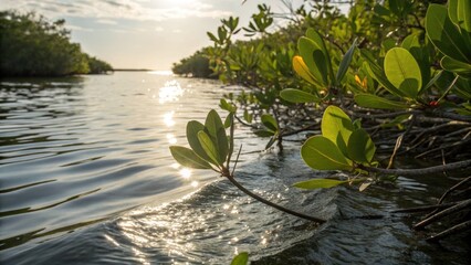 Naklejka premium Mangrove sustainability, Serene mangrove scene with sunlight reflecting on calm water. Protect coastal foreshores.
