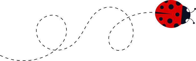 Cute ladybug characters collection. Flying ladybug with dotted path. Ladybugs flying on dotted route. ladybug icon set. Insects group. Vector illustration isolated on white.