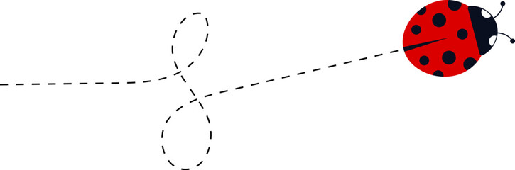 Cute ladybug characters collection. Flying ladybug with dotted path. Ladybugs flying on dotted route. ladybug icon set. Insects group. Vector illustration isolated on white.